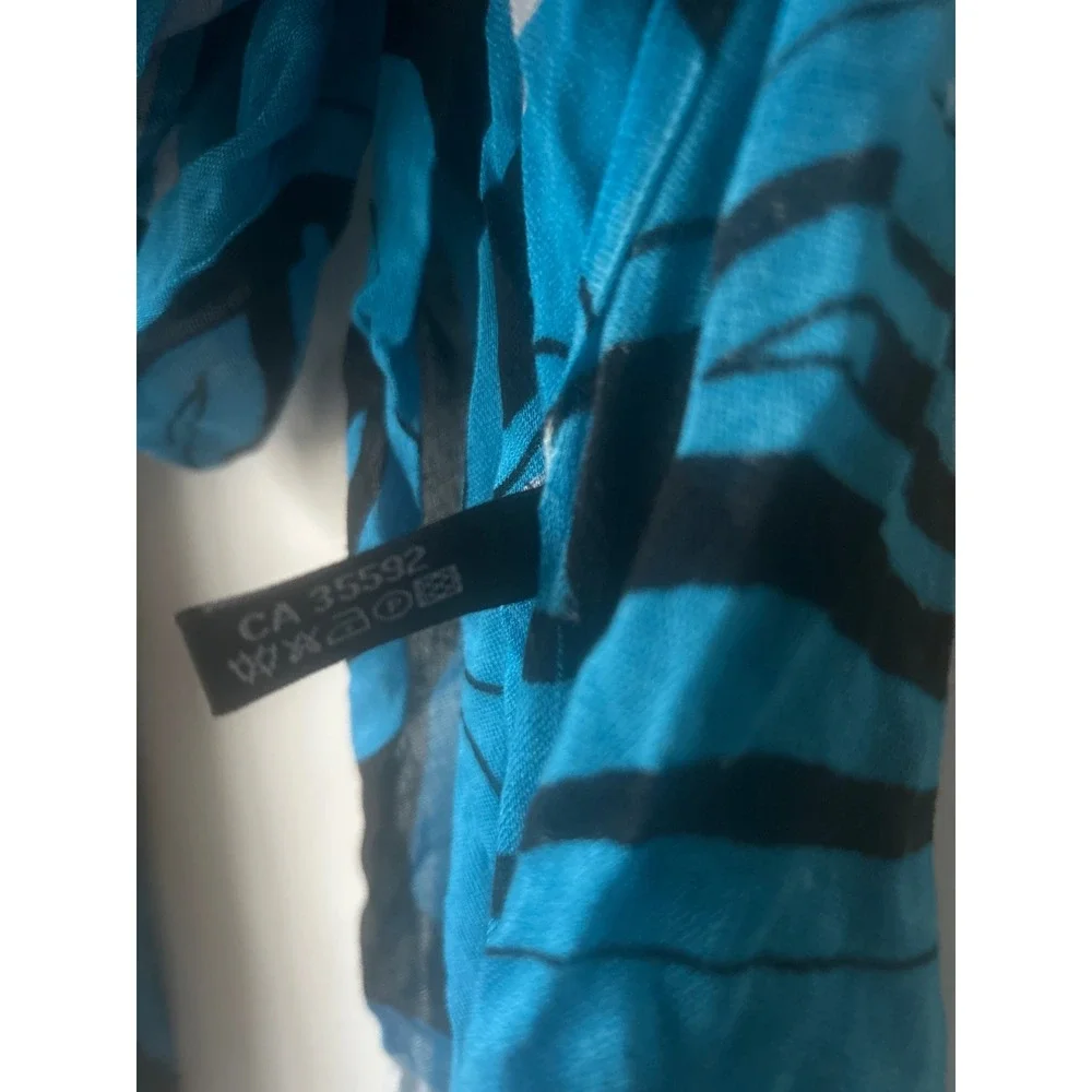 Native Northwest Indigenous Art Viscose Scarf Blue Black Fringe Wrap CA 35592